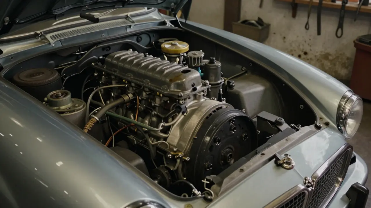 Detalle del motor de un coche clásico británico en un taller mecánico vintage