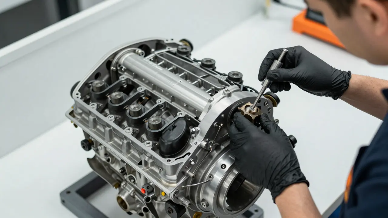 Detalle del motor de un Porsche siendo revisado por un mecánico especializado.