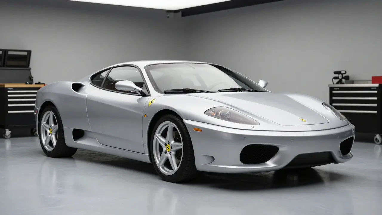 Ferrari 360 Modena plateado en un garaje profesionalmente iluminado