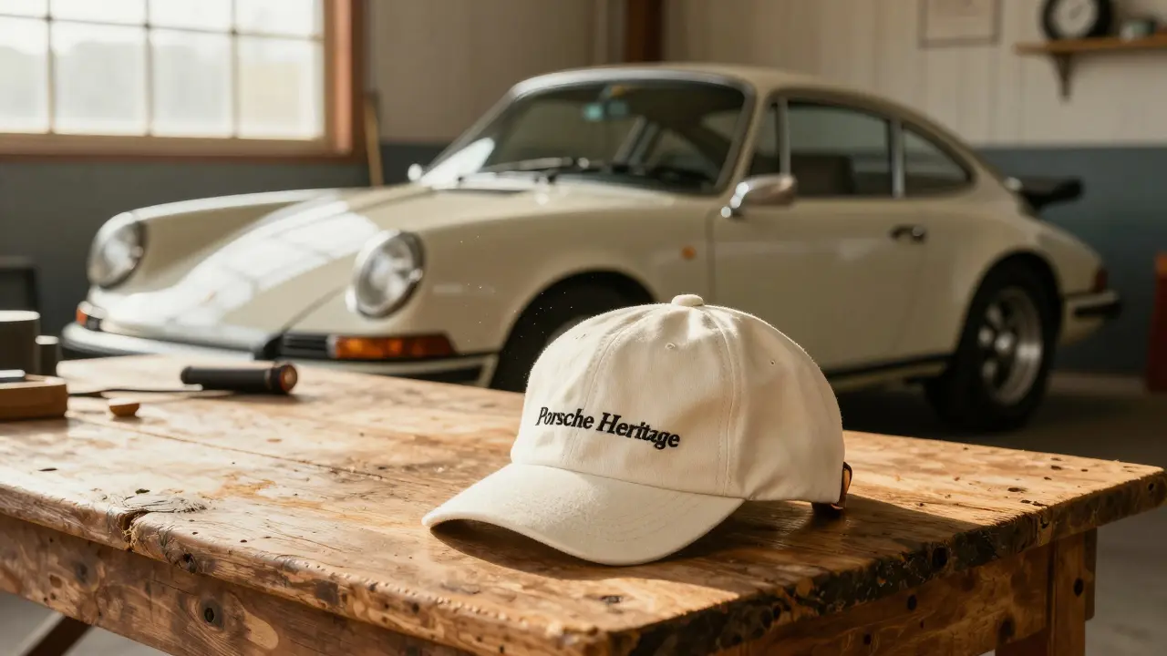 Gorra Porsche Heritage color crema junto a un Porsche 911 clásico en un garaje.