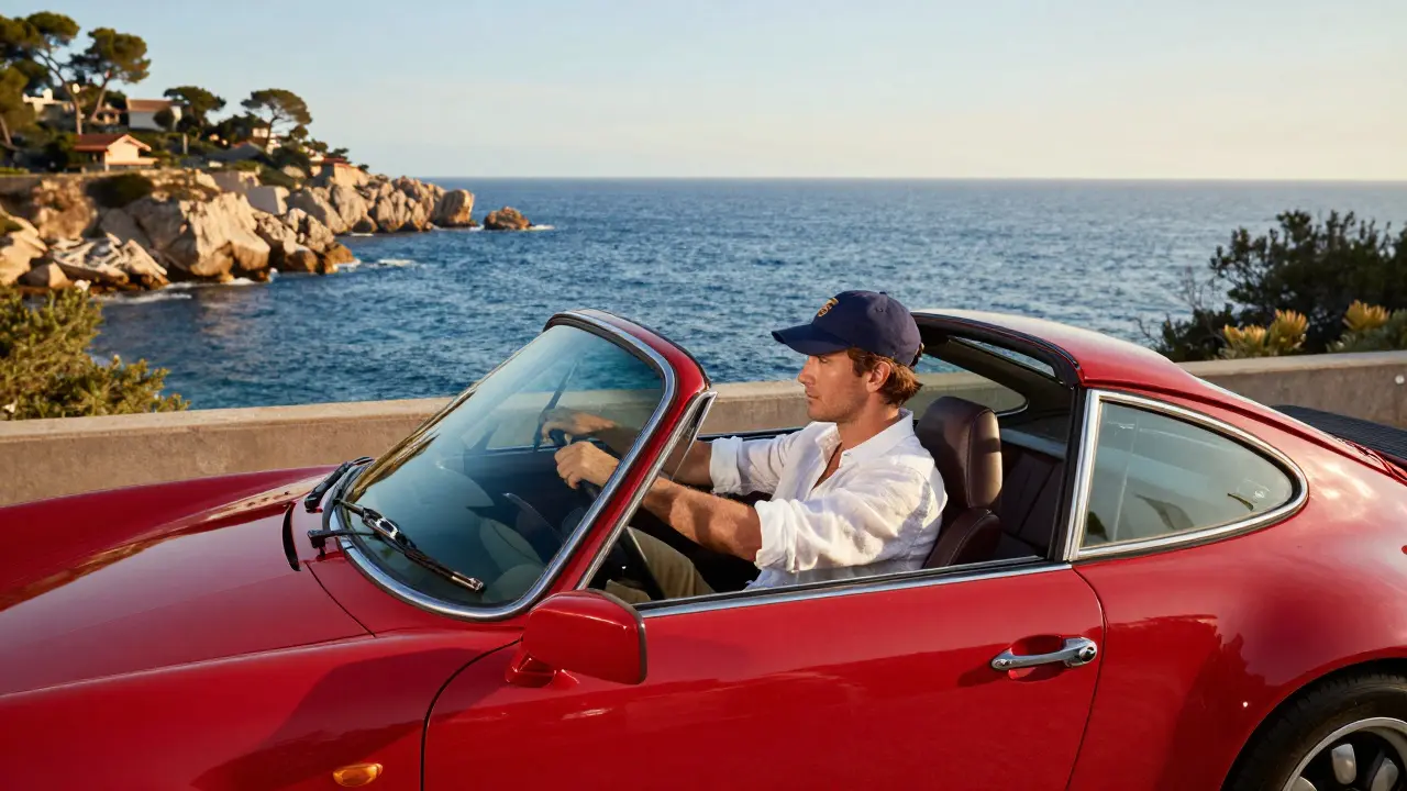 Hombre conduciendo un Porsche clásico por la costa española vistiendo una gorra azul.