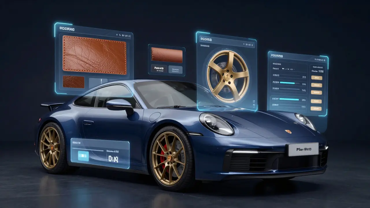 Ilustración conceptual de un configurador de Porsche con opciones holográficas.