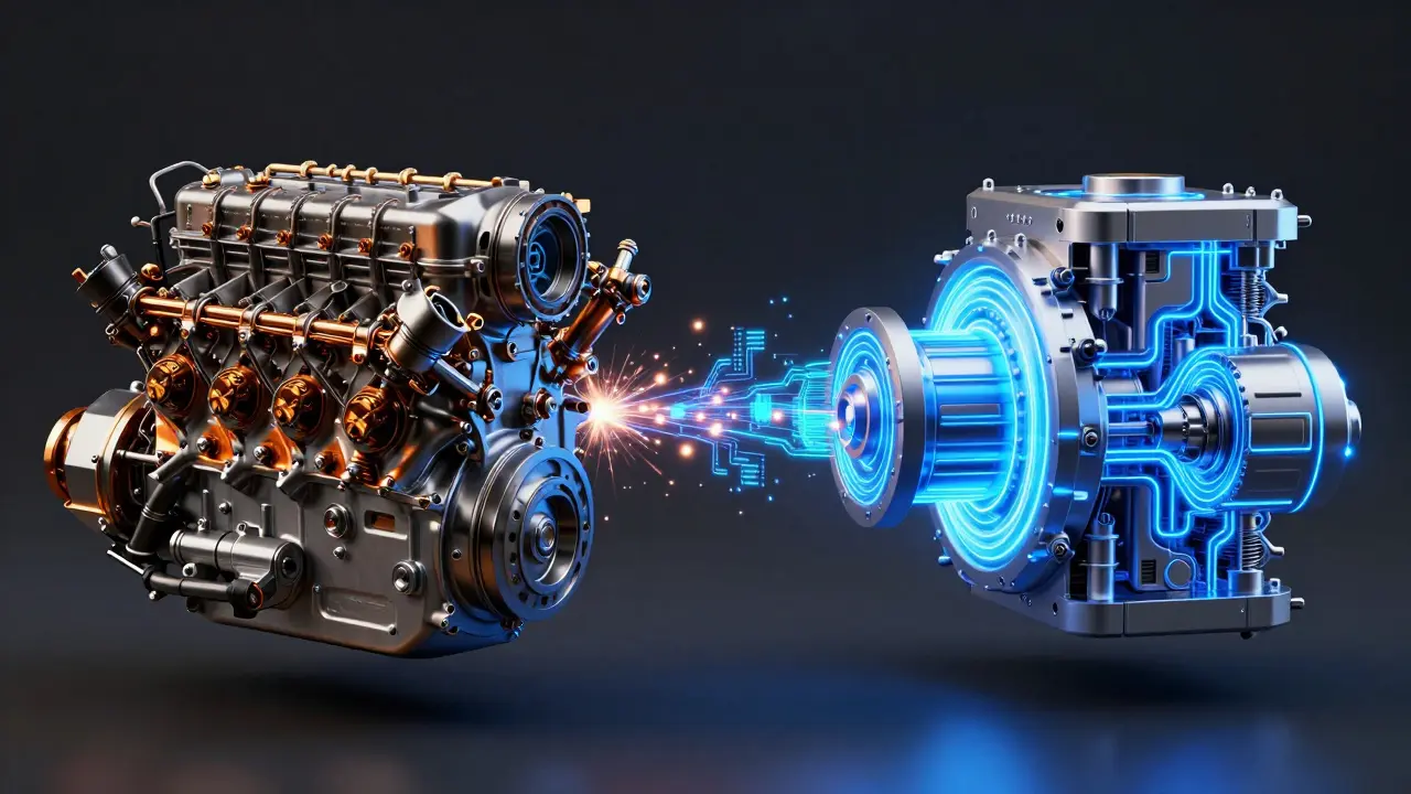 Ilustración conceptual que fusiona un motor W16 mecánico con tecnología eléctrica azul.