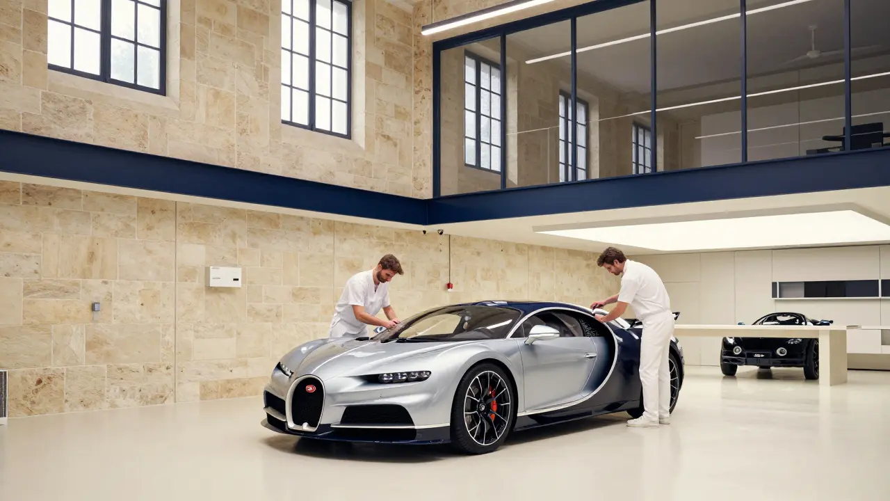 Interior del Atelier de Bugatti en Molsheim con un hiperdeportivo en proceso de ensamblaje.