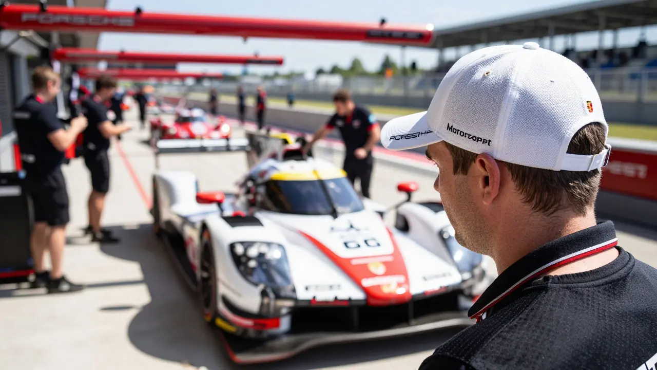 Miembro del equipo de Motorsport usando gorra técnica en el paddock
