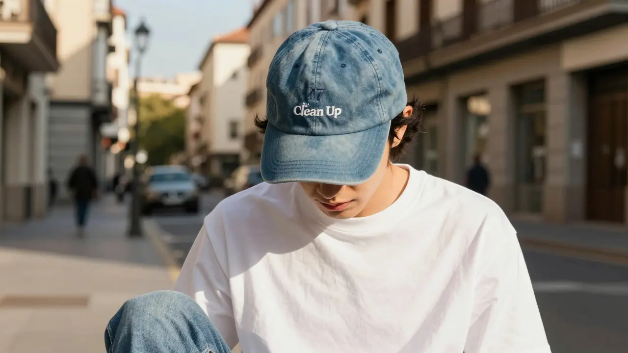 Persona con gorra '47 Brand de estilo relajado y vintage en una calle urbana.