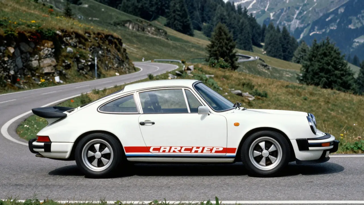 Porsche 911 Carrera RS 2.7 clásico circulando por una carretera de montaña.