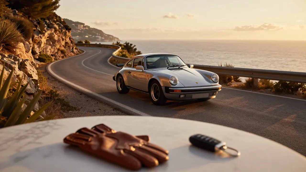 Porsche 911 clásico conduciendo por una carretera costera durante el atardecer.
