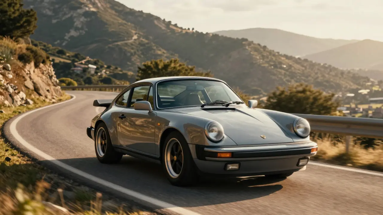 Porsche 911 gris circulando por una carretera de montaña durante el atardecer.