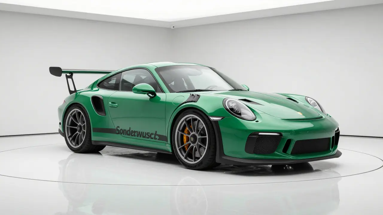 Porsche 911 GT3 RS verde metálico en un garaje minimalista