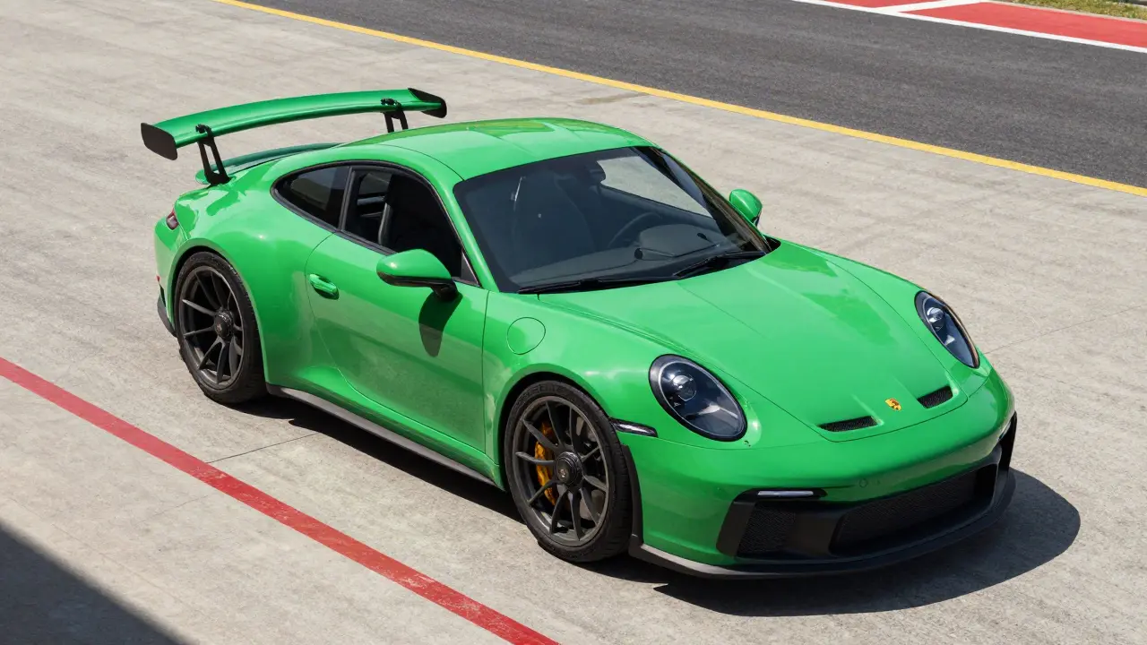 Porsche 911 GT3 verde en la pista de un circuito de carreras