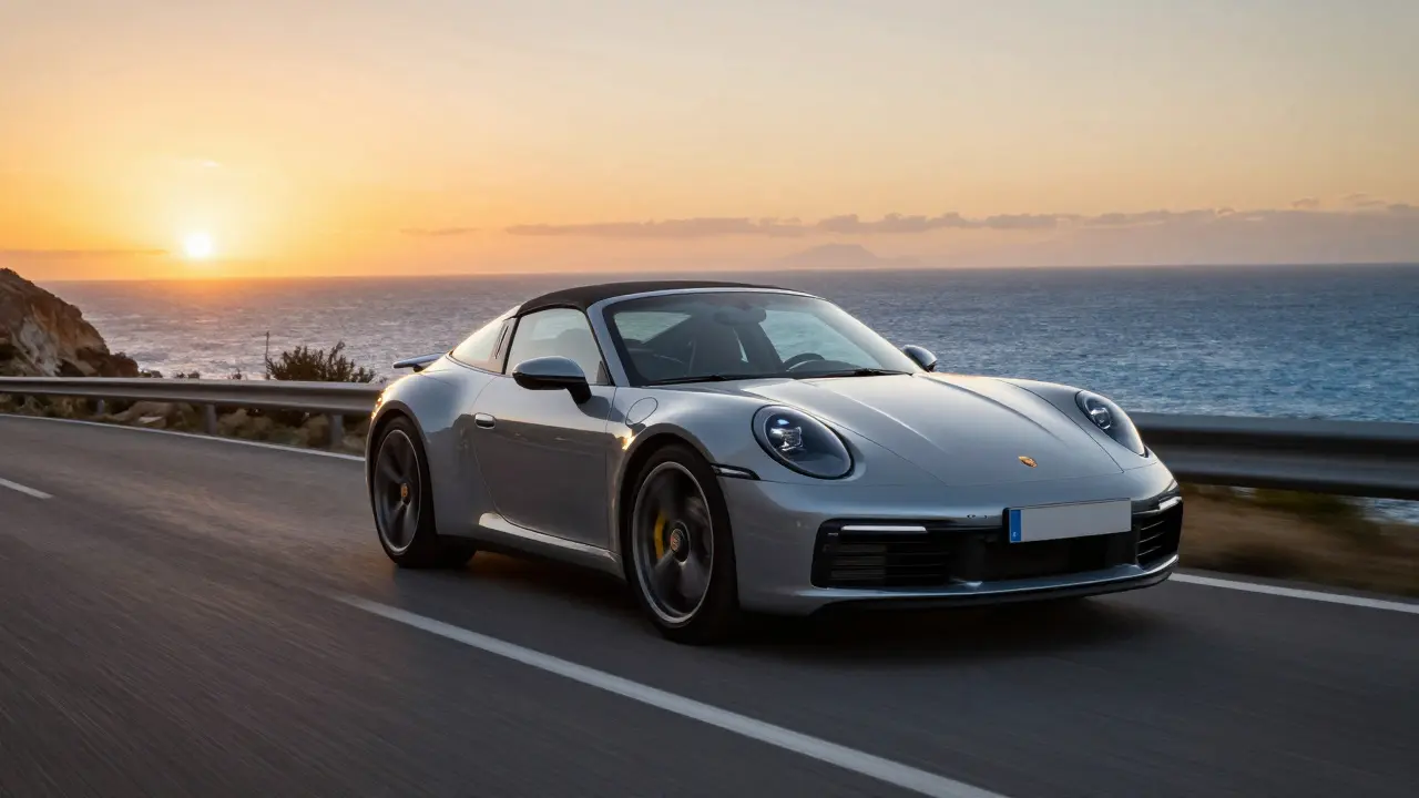 Porsche 911 Targa 4S acelerando por una carretera costera mediterránea durante el atardecer.