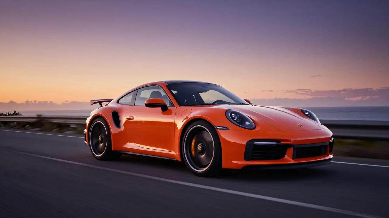 Porsche 911 Turbo S circulando a alta velocidad por una carretera costera al atardecer