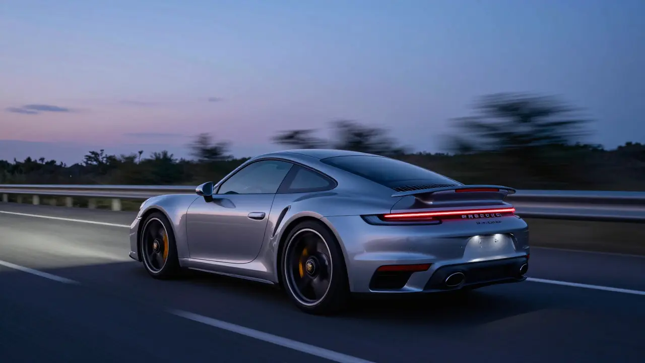 Porsche 911 Turbo S plateado acelerando en una autopista durante el anochecer con estelas de luz.
