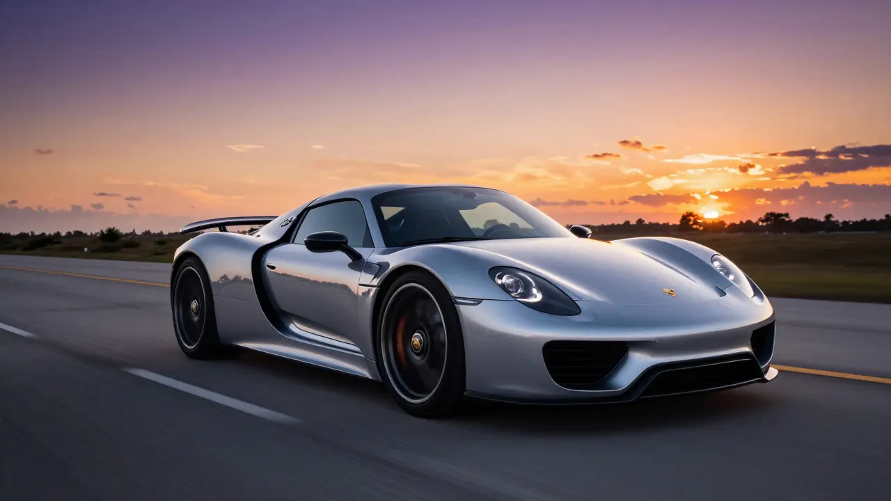 Porsche 918 Spyder circulando a alta velocidad por una carretera costera al atardecer.
