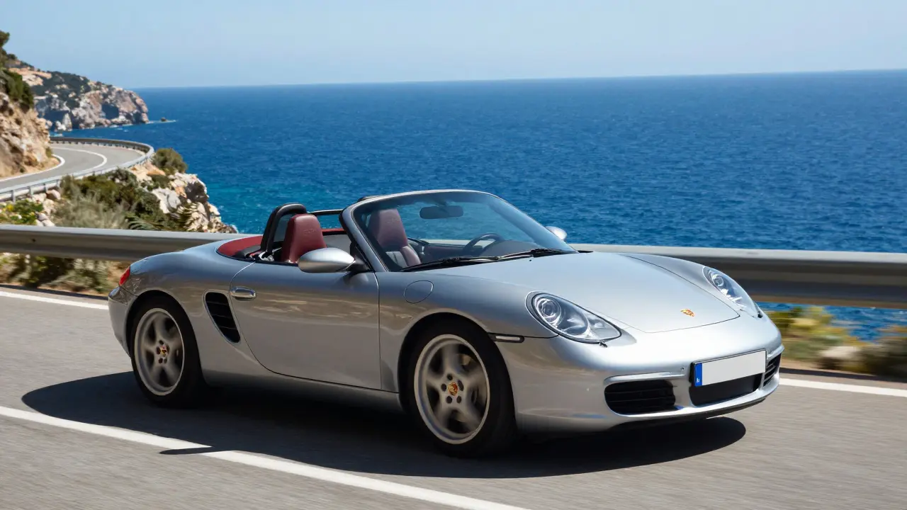 Porsche Boxster descapotable circulando por una carretera costera soleada