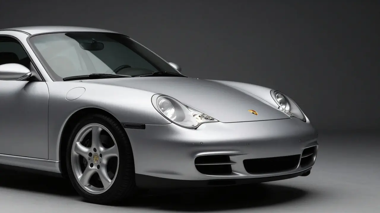 Primer plano artístico de un Porsche 911 serie 996 plateado en un estudio oscuro