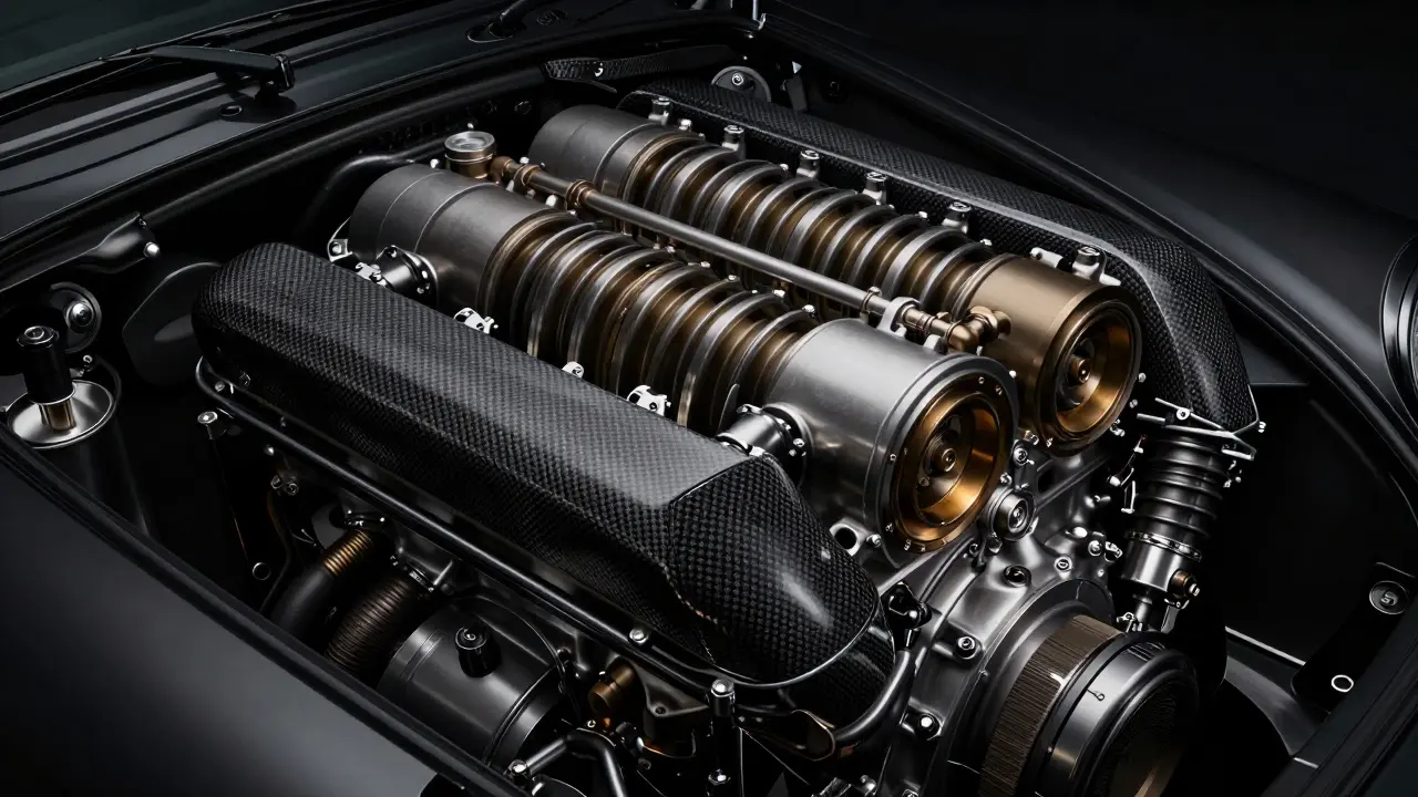 Primer plano artístico y detallado de un motor bóxer de Porsche con componentes de fibra de carbono.