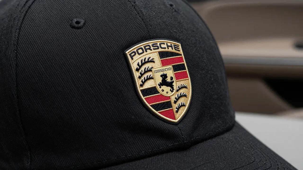 Primer plano detallado del bordado del escudo oficial en una gorra negra de Porsche.