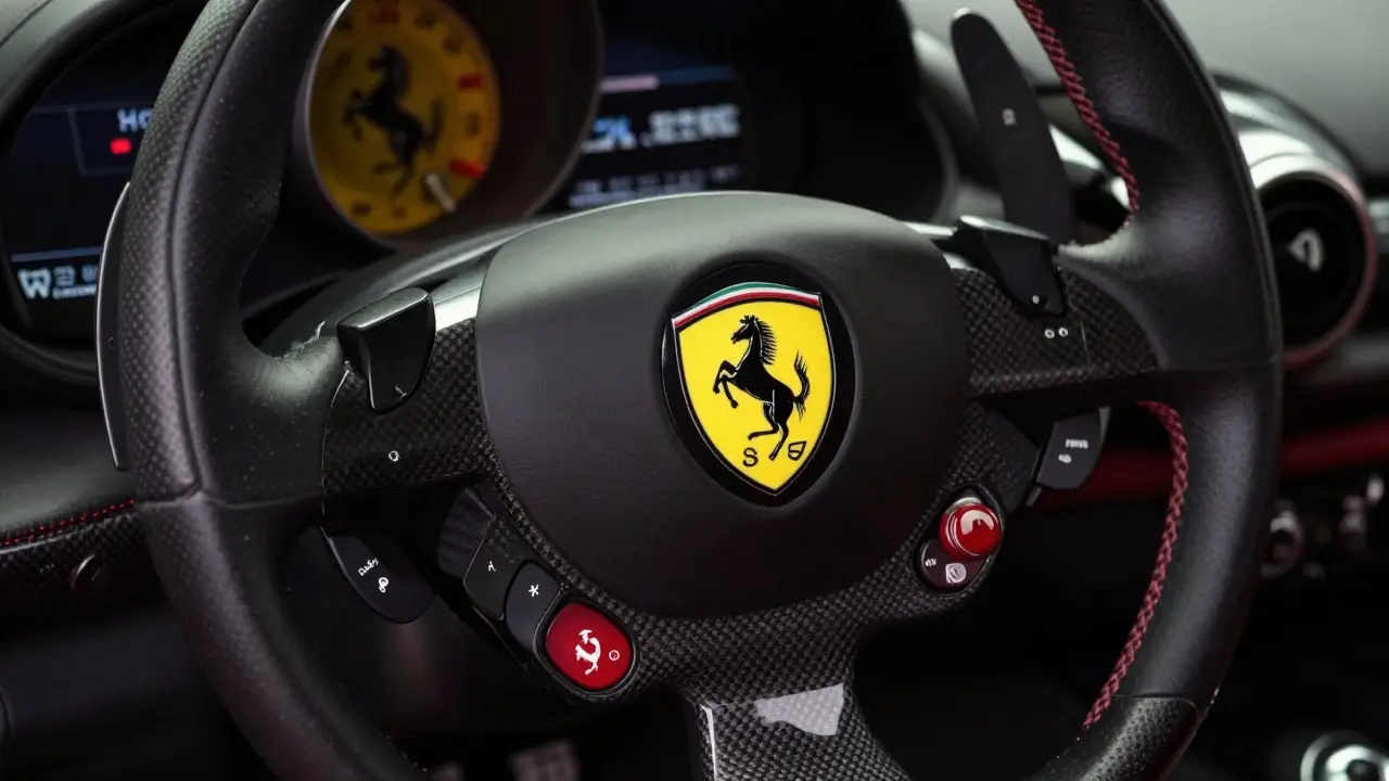 Primer plano detallado del escudo de la Scuderia Ferrari en el volante de un coche de carreras.