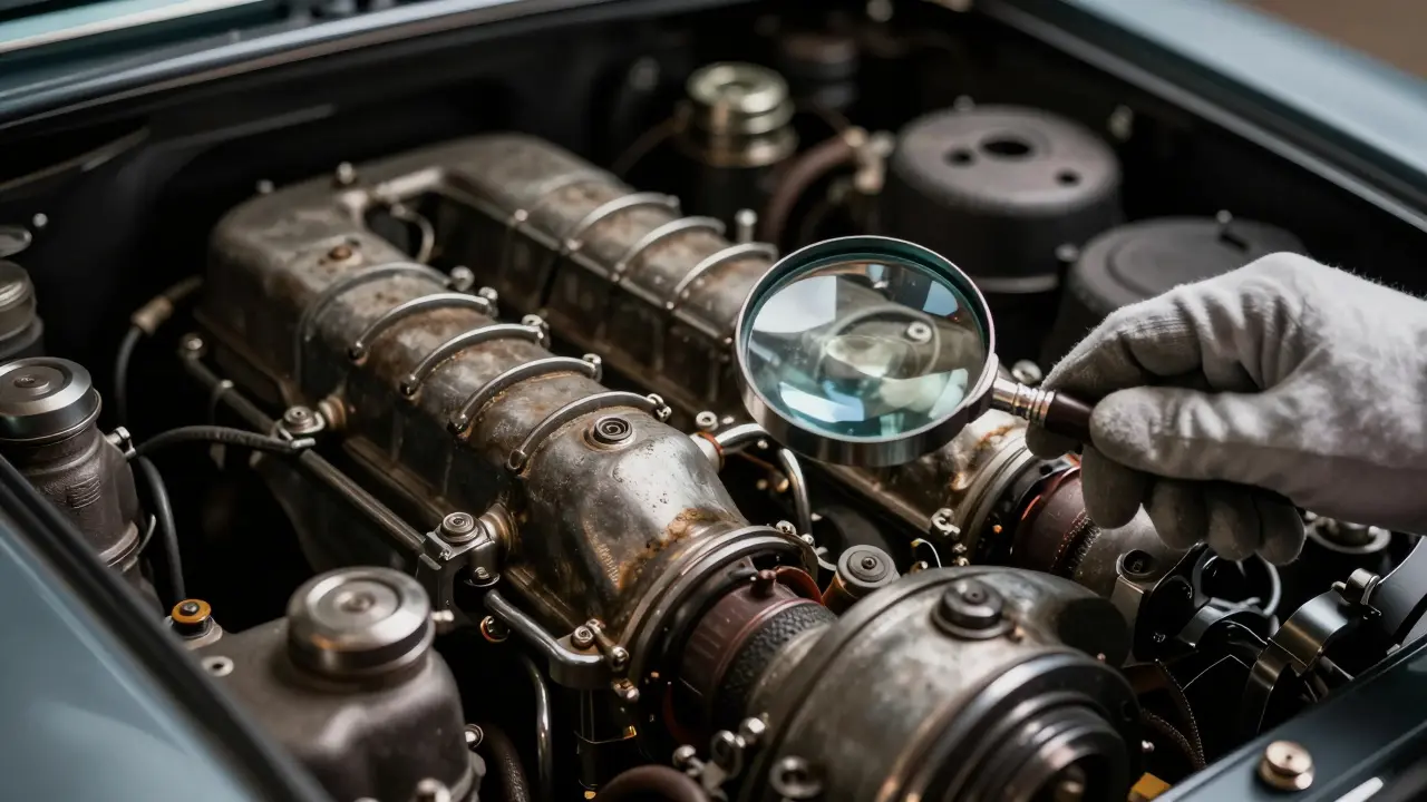 Primer plano detallado del motor de un Ferrari clásico siendo inspeccionado