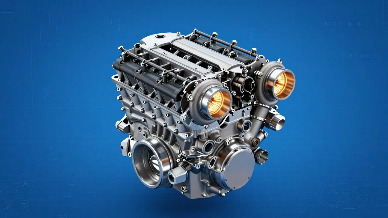 Render técnico detallado de un motor bóxer biturbo de 3.0 litros con componentes iluminados.