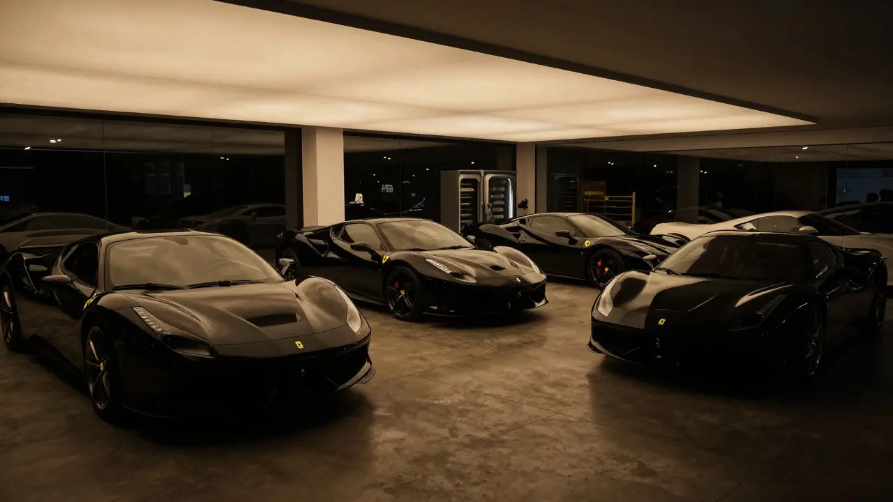 Showroom exclusivo iluminando un superdeportivo italiano de colección