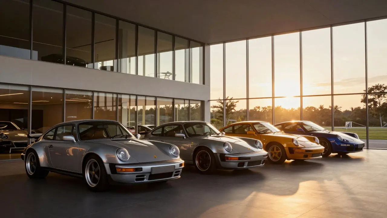 Varios modelos de Porsche 911 alineados en una galería de cristal moderna.