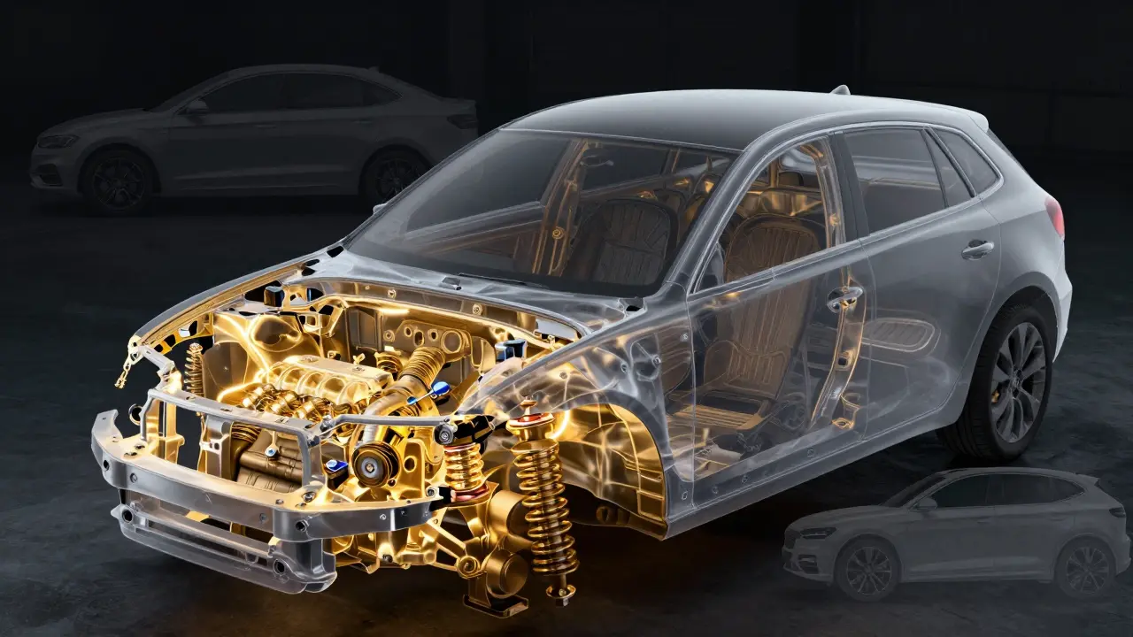 Vista técnica de chasis compartidos resaltando la arquitectura común de varios modelos de coches.