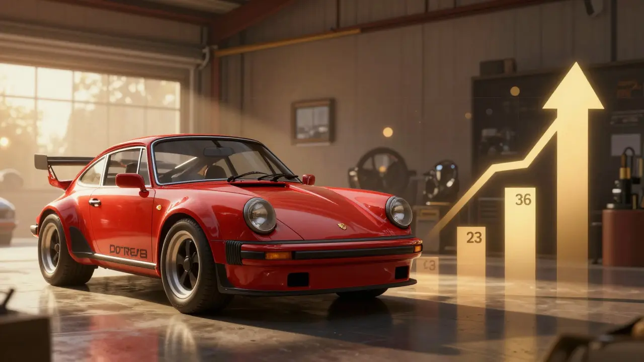 Ilustración conceptual de valorización de Porsches clásicos como inversión
