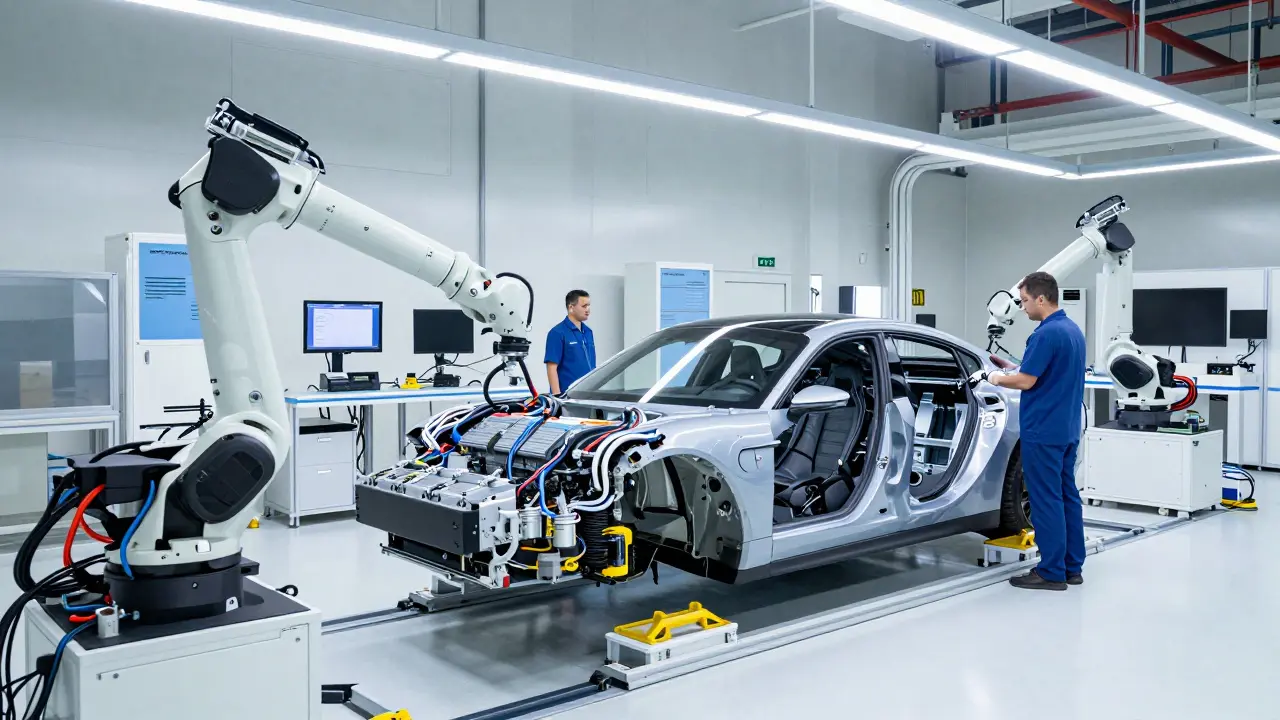 Interior futurista de la fábrica de Leipzig mostrando el ensamblaje del Taycan eléctrico