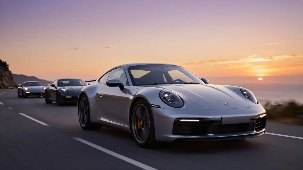 Porsche 911 GTS plateado conduciendo por carretera costera al atardecer