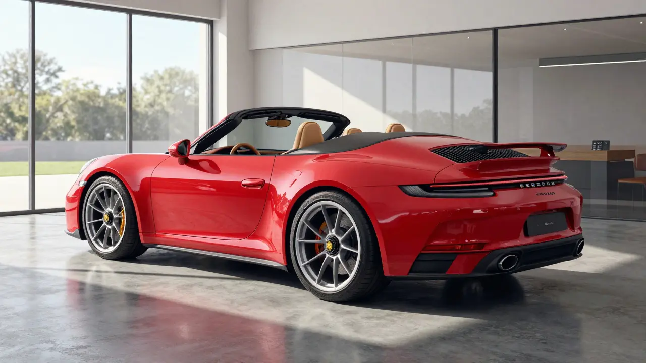 Porsche 911 Speedster rojo en un elegante salón de exhibición moderno